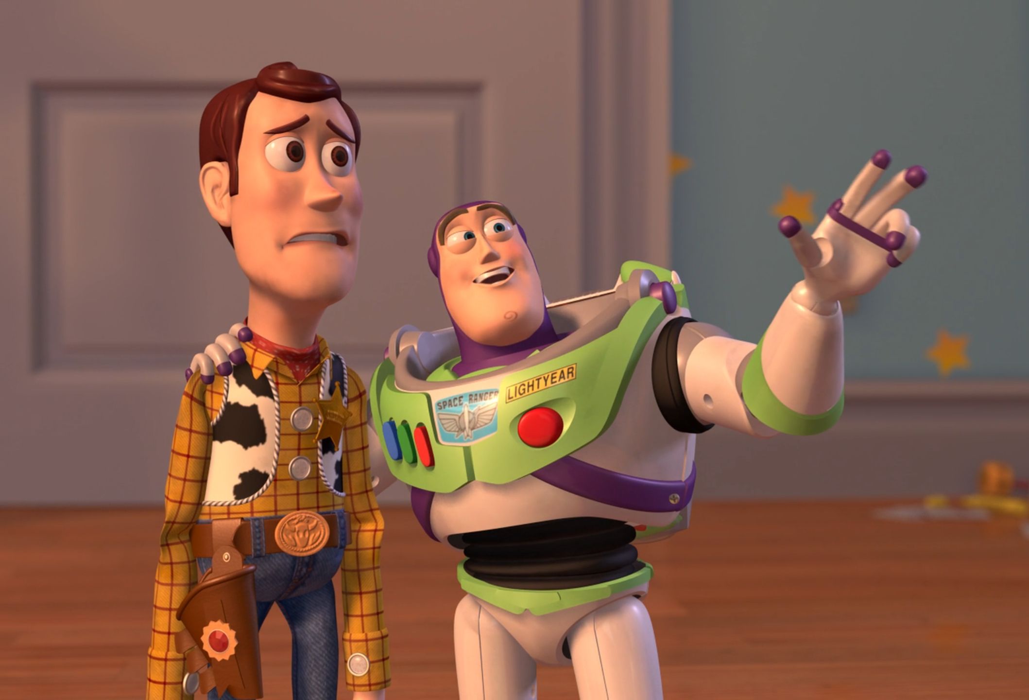 Woody and Buzz Lightyear pointing